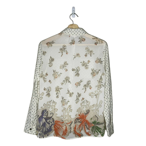 EN Creme Multi Print Blouse Womens Small S Button Up Roll Tab High Low Colorful - Picture 3 of 12